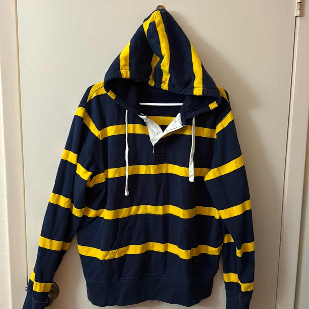 Polo Ralph Lauren Fleece Hooded Sweater Navy Yellow Stripes Size XL
